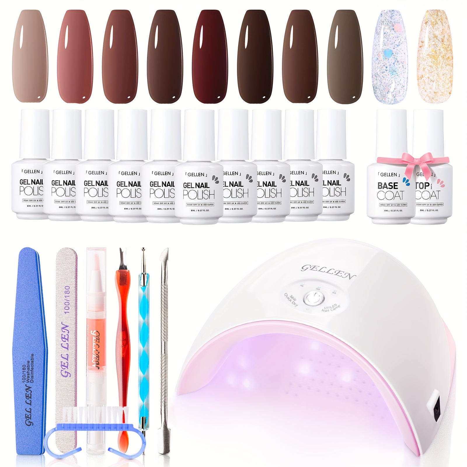 TEMU Kit de vernis à ongles en gel Gellen avec lumière - Kit de démarrage de vernis à ongles en gel avec lampe à ongles 36W et base et revêtement en