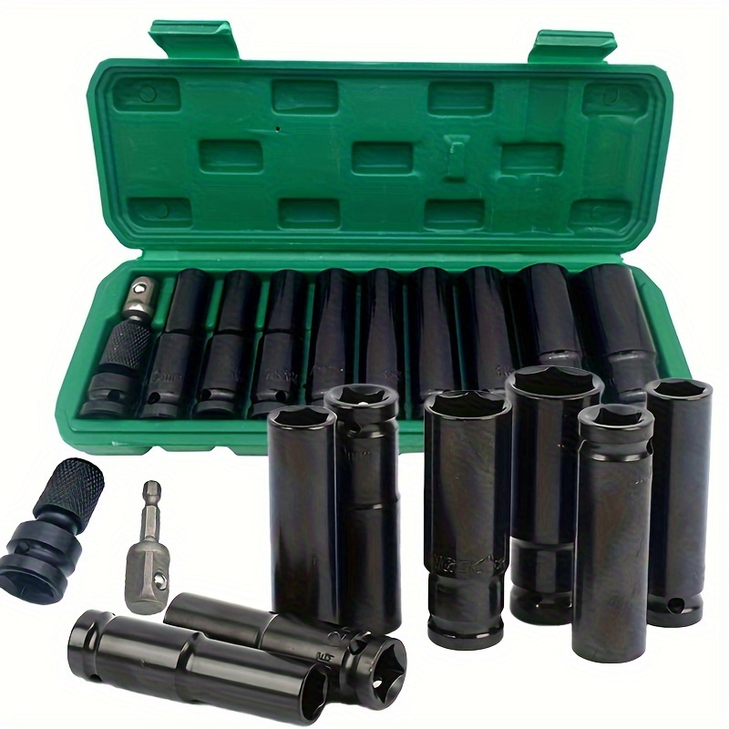 

11pcs 1/2" Impact Wrench Socket Set With Adapter - Carbon Steel, 10-24mm Hex Tools For Auto Repair, Includes Portable Storage Case