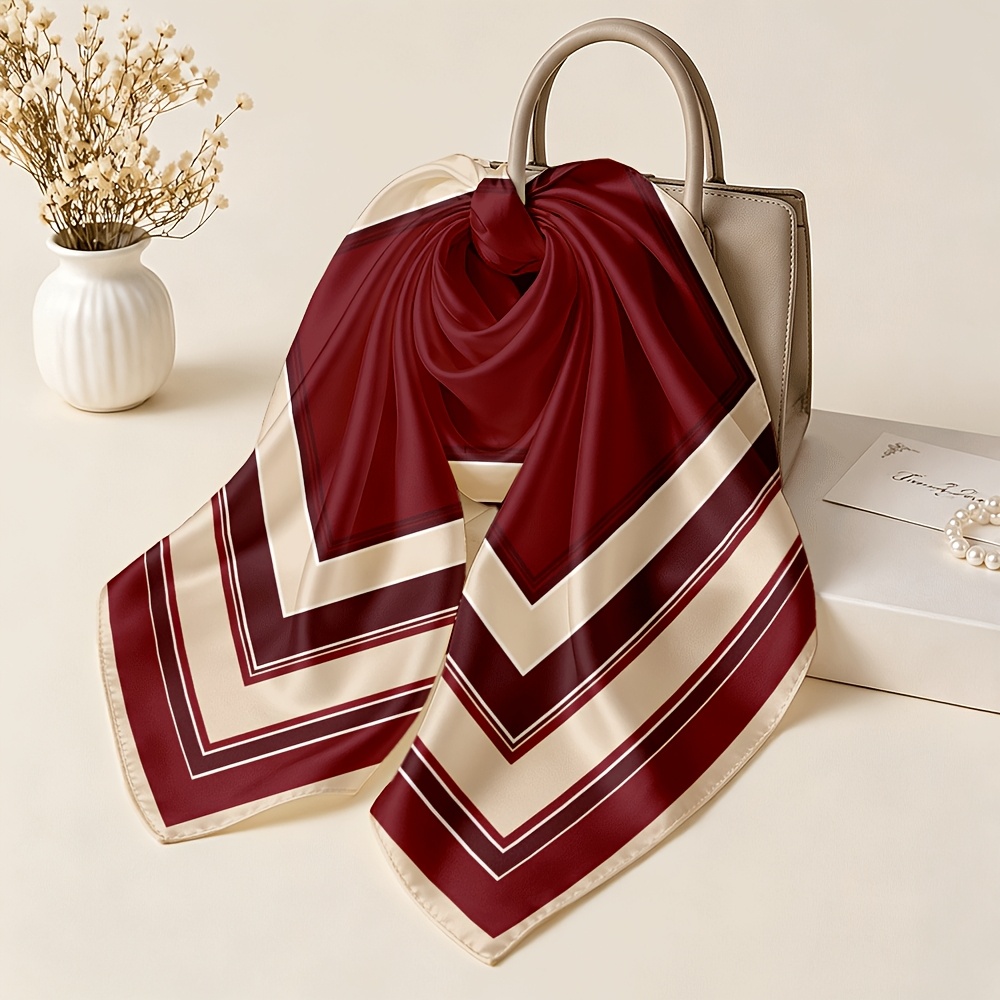 Wine Red Geometric Line Pattern Square Scarf for Women