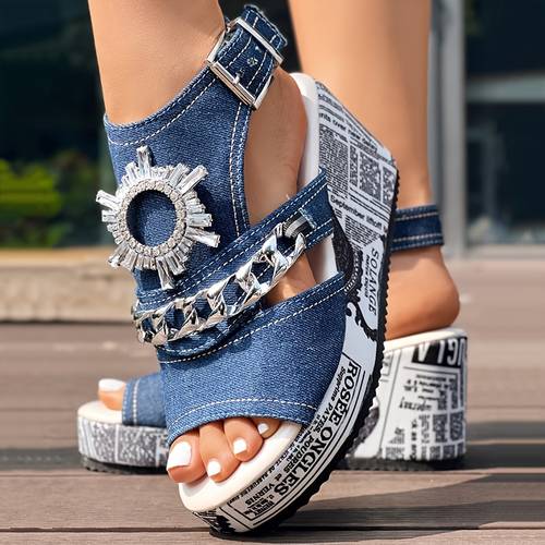 newspaper denim wedge slippers without anklet