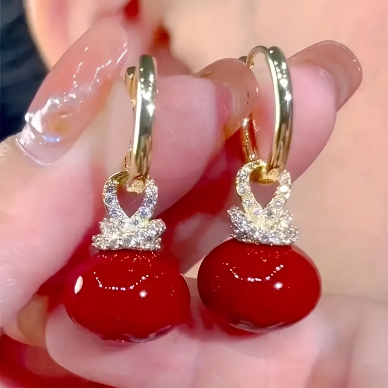 TEMU 1 Pair Elegant Red Pearl Drop Earrings With Sparkling Accents, Copper Ear Buckles - Or Special Occasions, Elegant Gift Earrings | Heartshaped Design | Sparkling Accessories