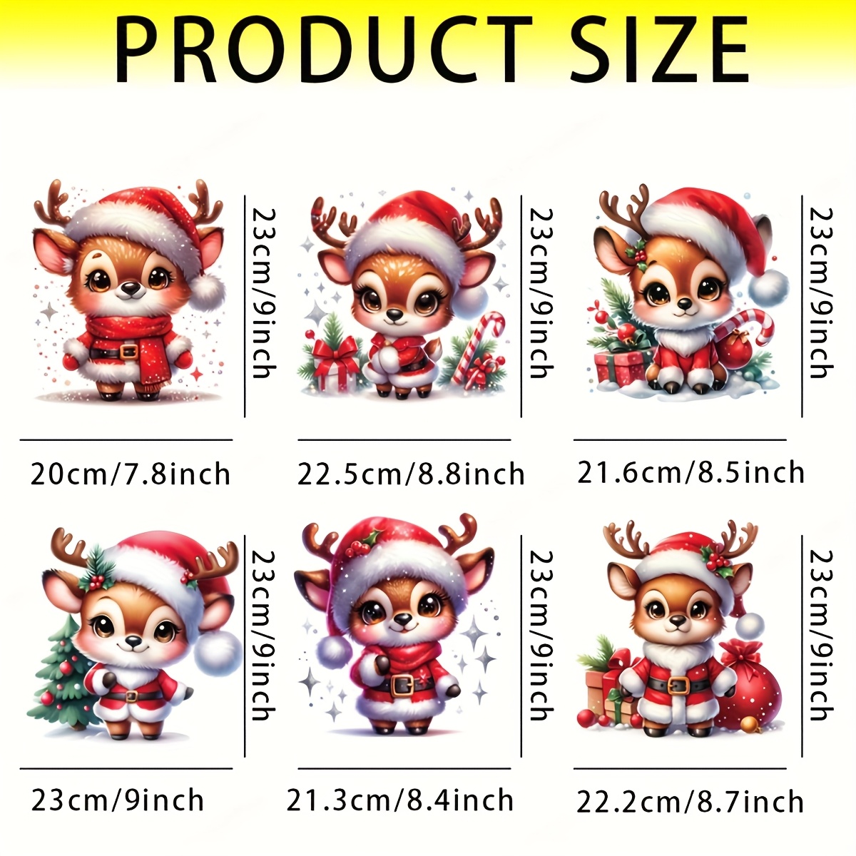 TEMU 6pcs Christmas Deer Iron-on Stickers - Santa Hat & Festive Designs, Durable Vinyl Heat Transfer Patches For Diy T-shirts, Washable Clothing