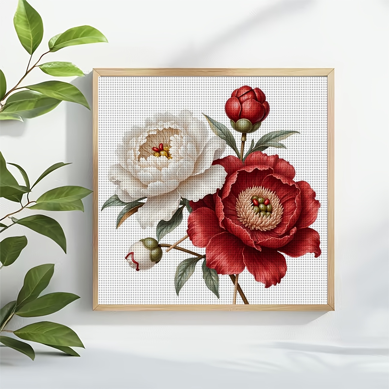 Frameless Cross Stitch Printed Kit, "White Red Peony with Green Leaves" Pattern