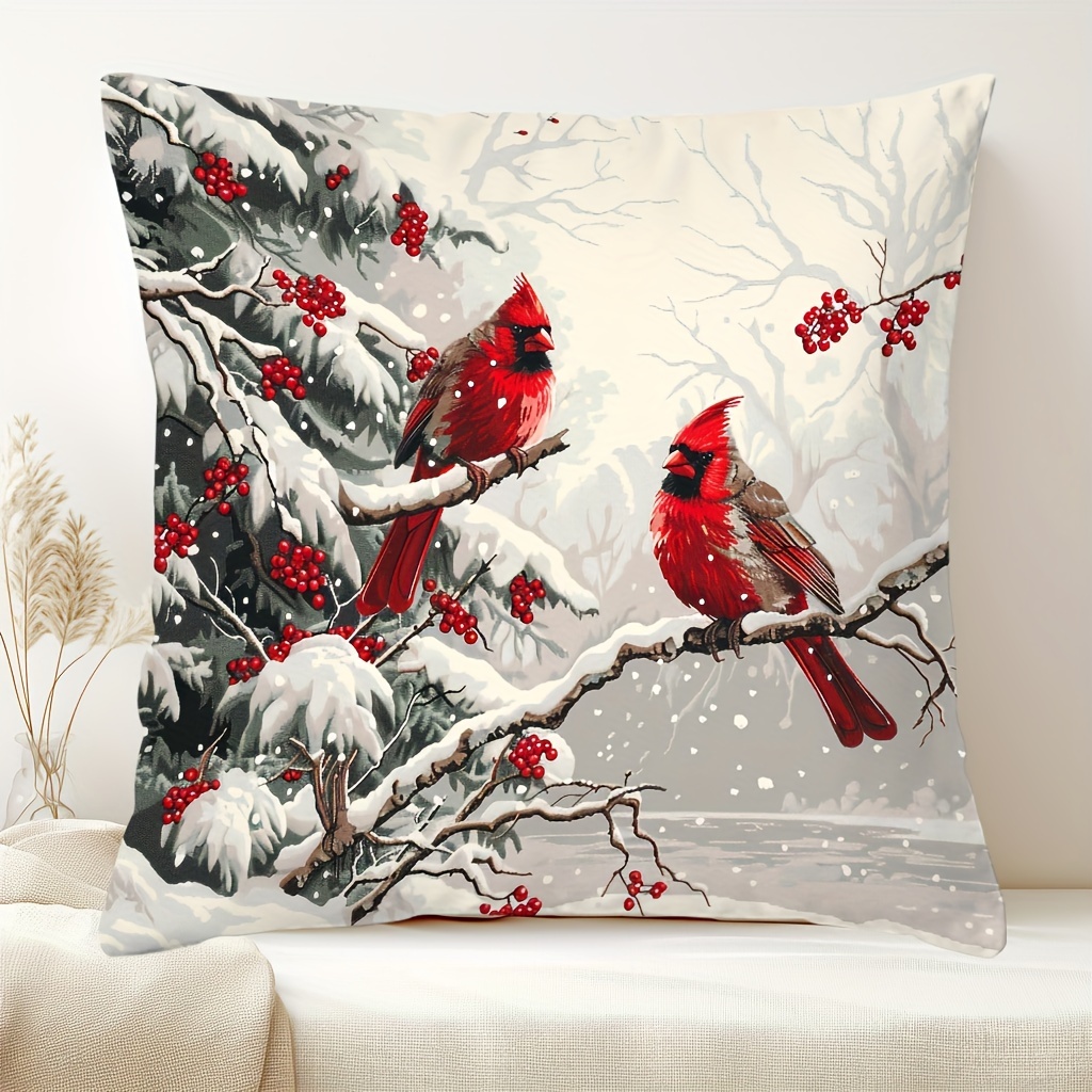 

1pc Contemporary Style & Winter Berries Pillow Cover, 17.7" X 17.7" Polyester Decorative Throw Pillowcase With Zipper, Hand Wash Only, Woven Christmas & Holiday Cushion Cover For Home Decor