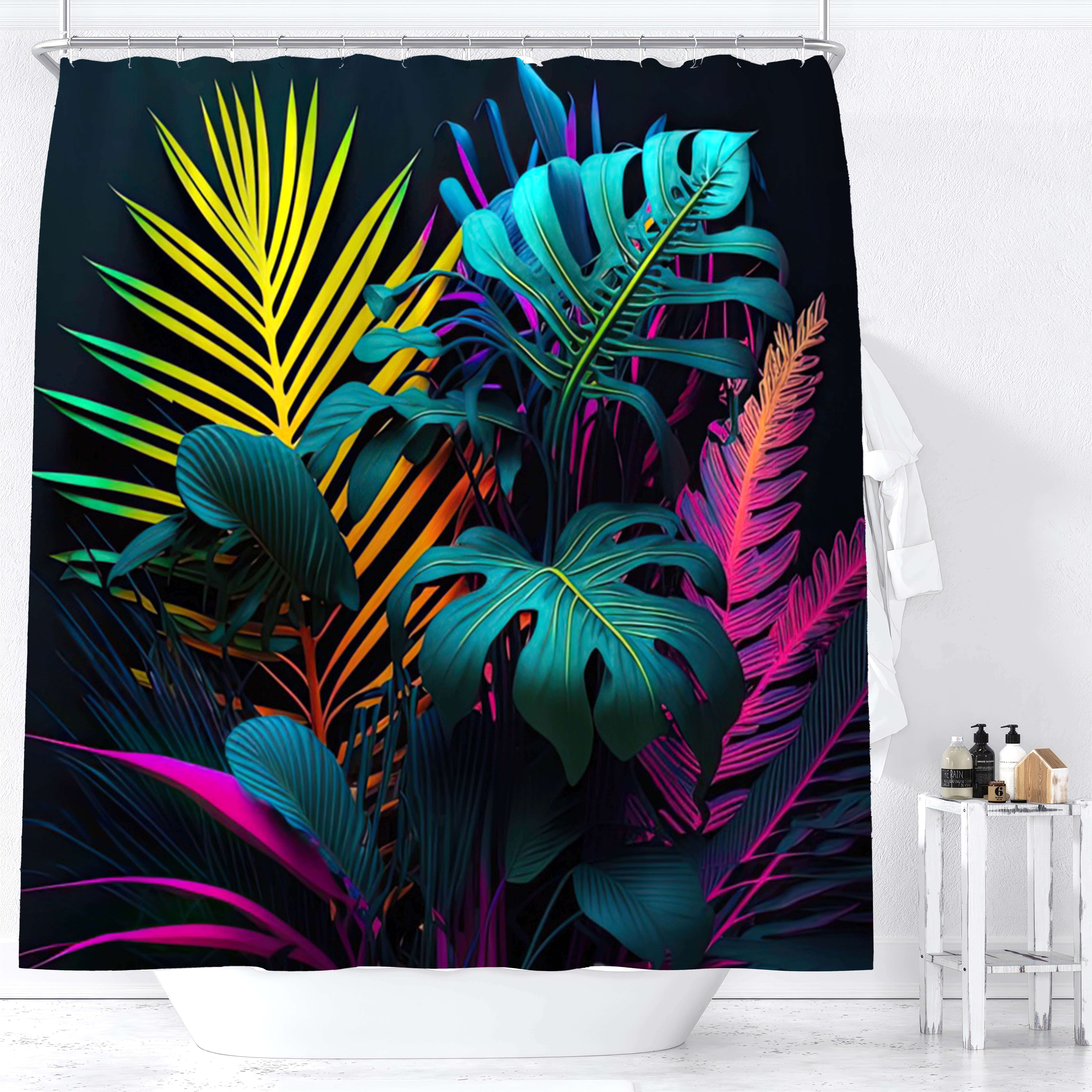 

1pc, Tropical Leaves Shower Curtain, Vibrant Plants Digital Print, Waterproof Fabric Bathroom Decor, With Hooks For Home Spa Retreat