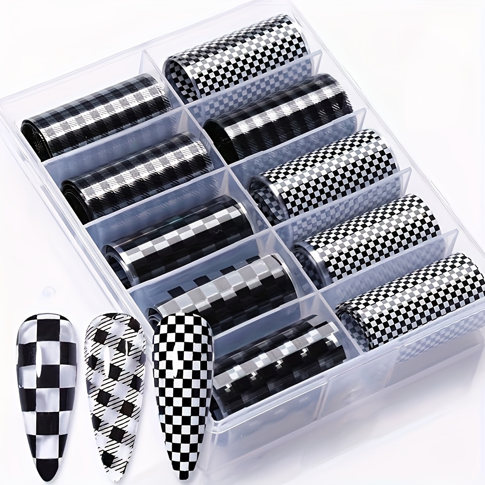 10pcs Black & White Checkered Nail Stickers - Self-adhesive Pet Plastic Nail Art Decals, Irregular Shapes, , Disposable Salon-quality Design For Home Manicure