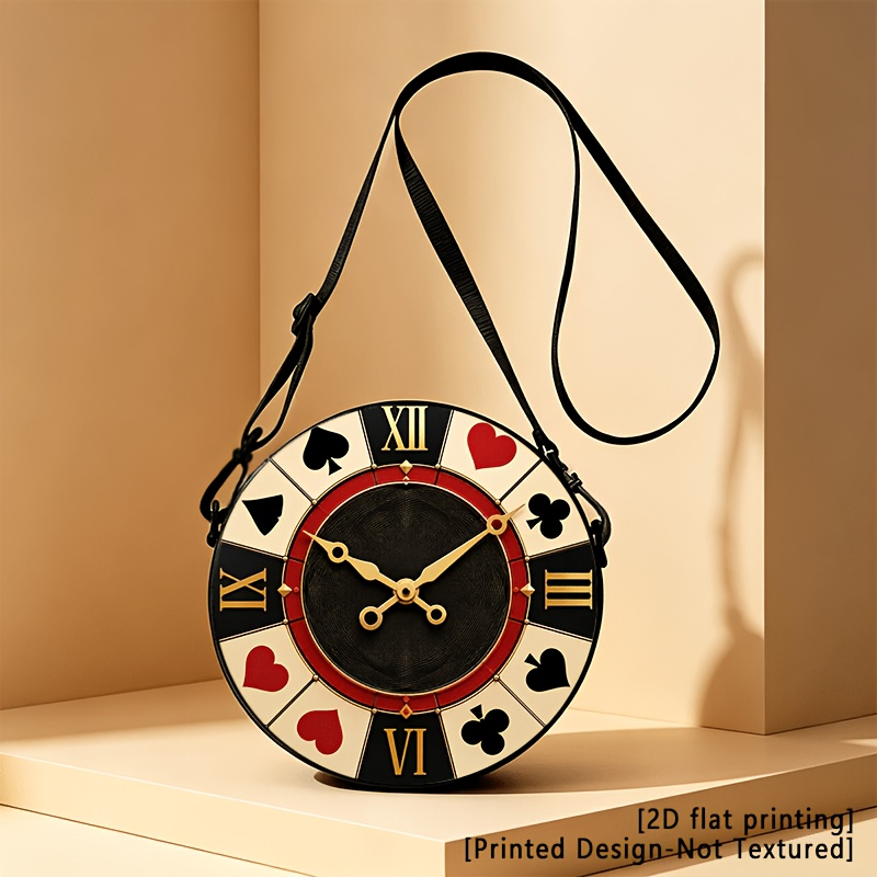 TEMU Printed Design – Not Textured, 2d Flat Printing, Alice Poker Clock, Crossbody Bags, Shoulder Bags, And Hiking Backpacks Featuring Adjustable