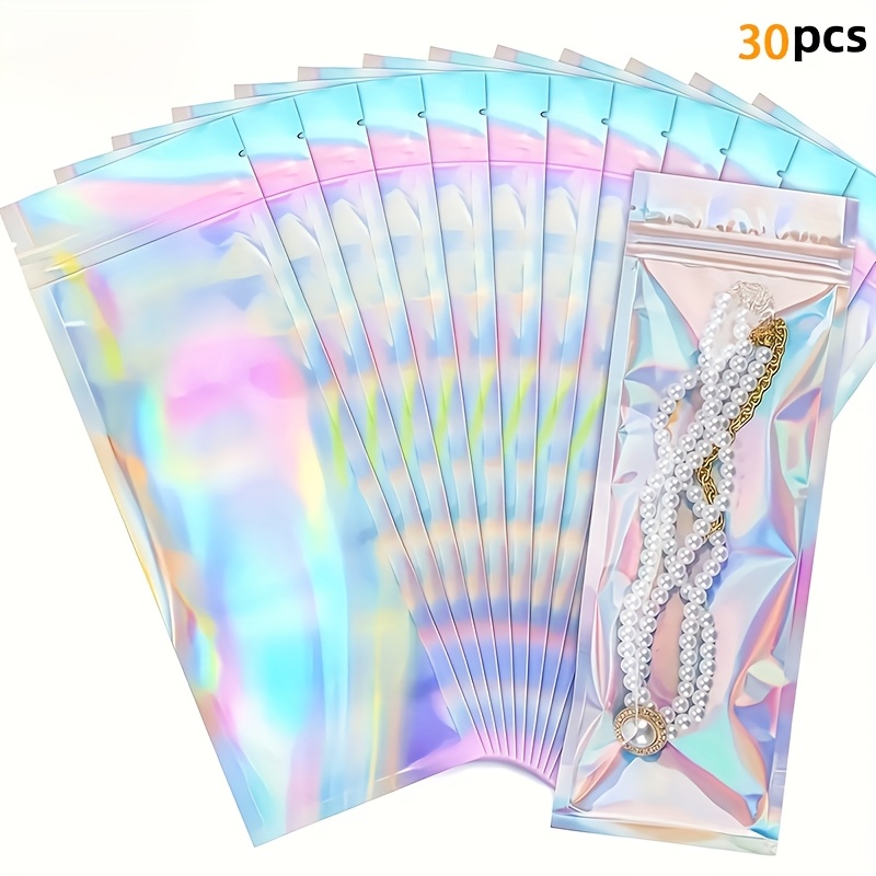 TEMU 60/30pcs Bolsas de Embalaje Holográficas Láser Plateadas - Reutilizables y Sellables - Adecuadas para Pequeñas Empresas, Medidas 6X23 Cm,