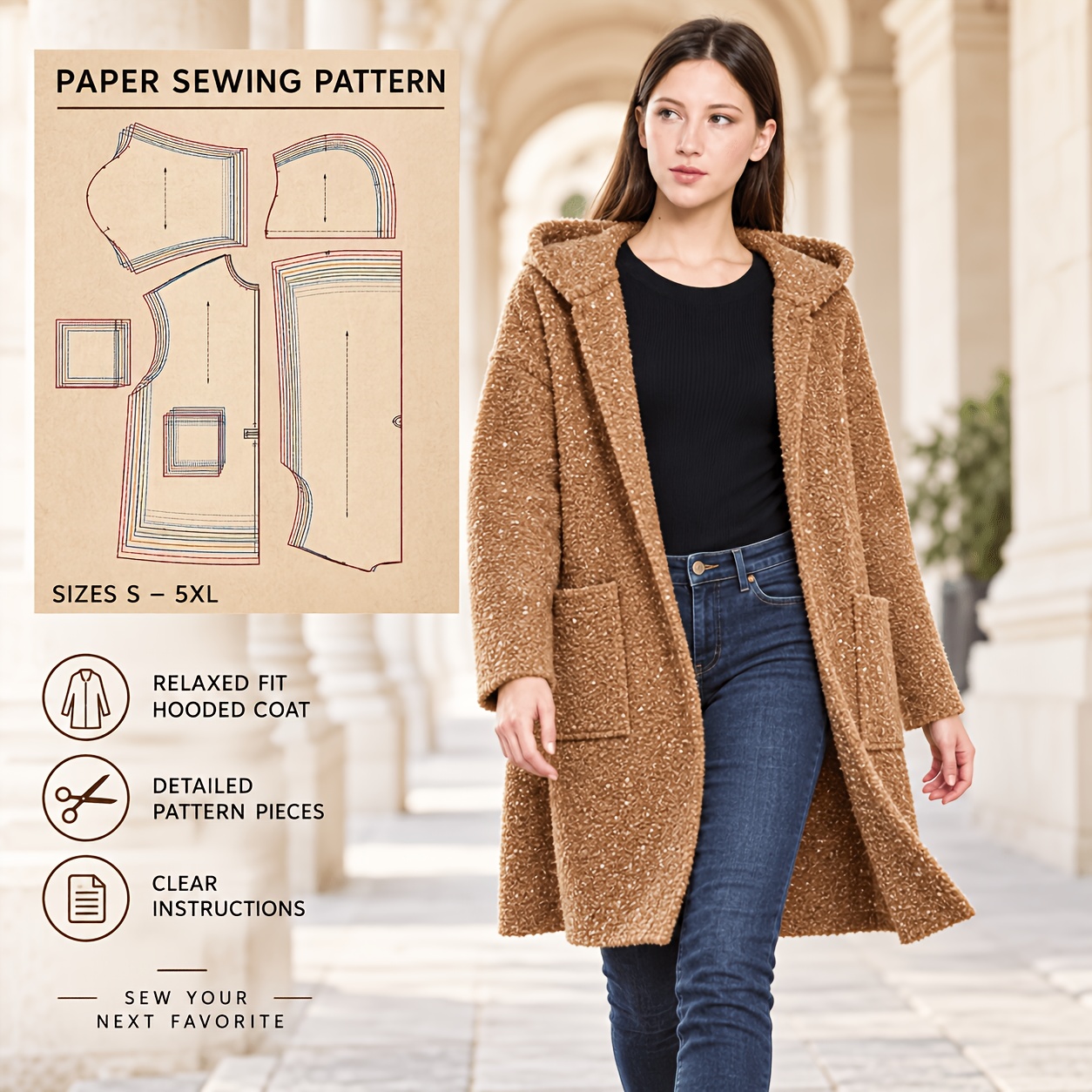 TEMU Manteau d'automne et d'hiver pour femme, motif cousu, base au ratio 1:1, manteau à fermeture éclair, convient aux débutants pour les modèles de