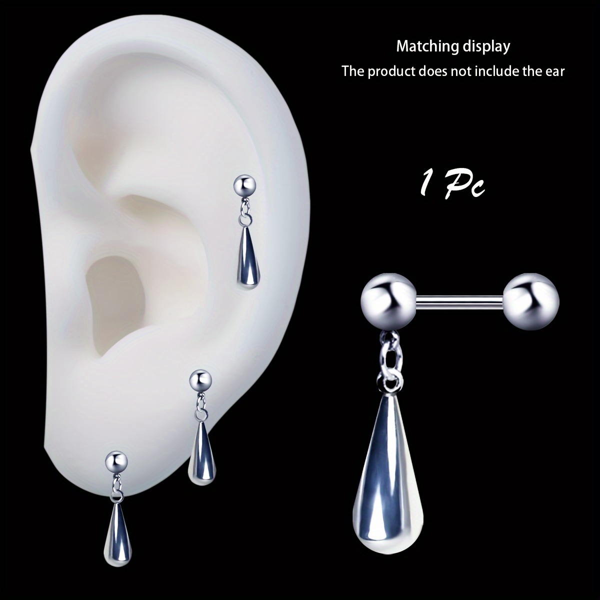 

Chic Silvery Stainless Steel Water Drop Pendant Earring - Hypoallergenic Barbell Design For & Piercings, Casual Attire Or Parties