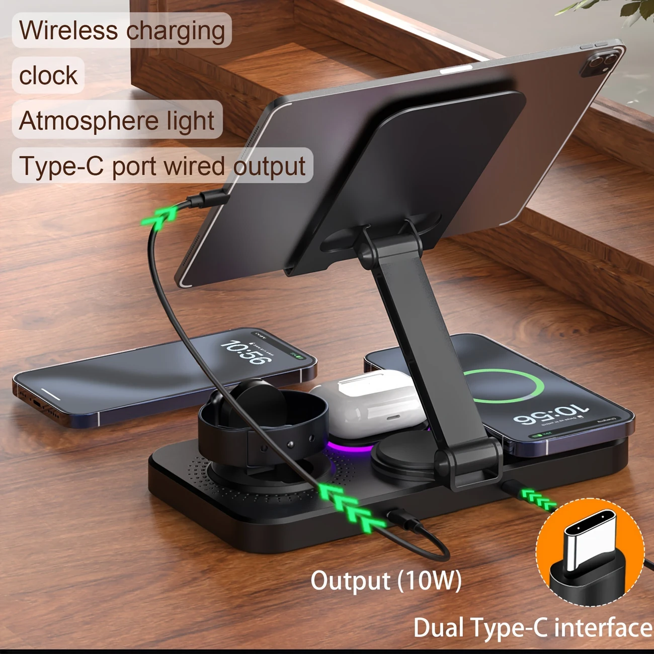 6in 1 Wireless Charging Station for Multiple Devices, Magnetic Fast Charger Foldable Stand Dock with Alarm Clock Night Ligth for iPhone 15 14 13 12 Series, for iWatch 9 8 7 6 5 4 3 2, for Pro2 Pro 3 2, Rotating Holder for iPad details 6