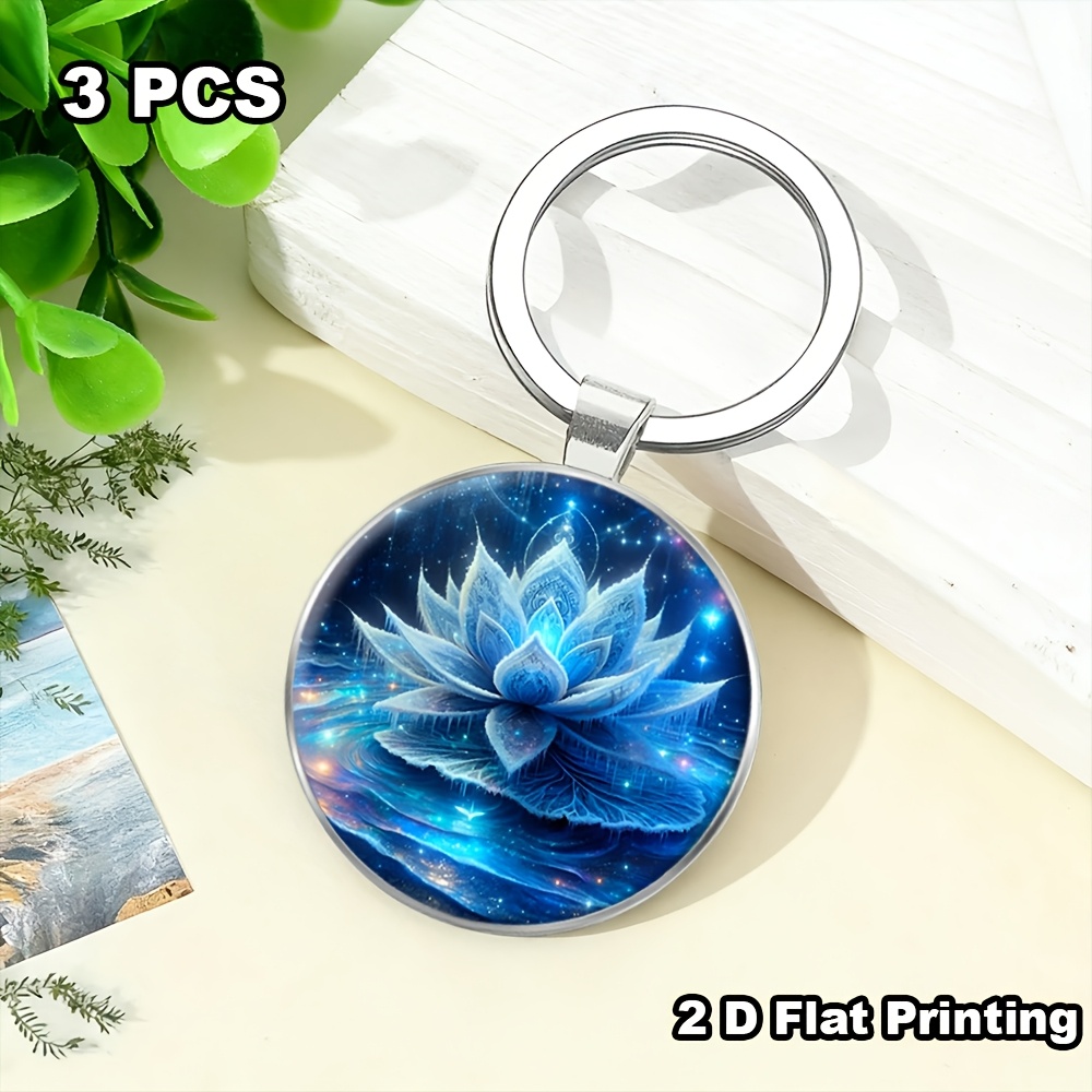 Exquisite 3pcs Ice-Blue Lotus Pattern Keychain Set