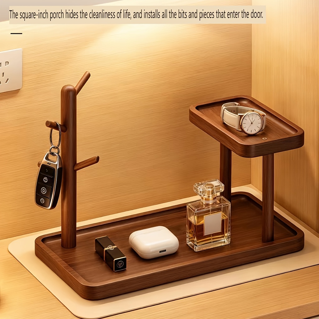 Solid Rubberwood Desktop Key Holder with Hooks and Tray