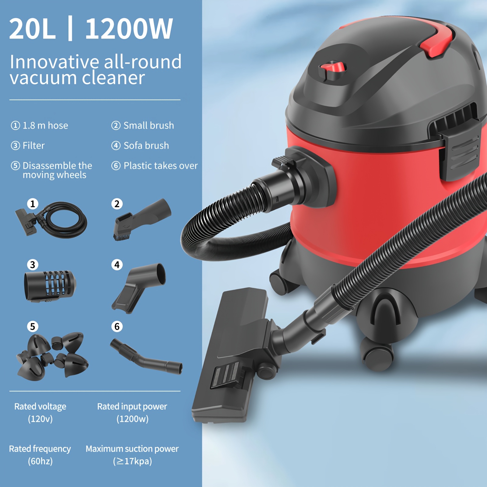 AIRAJ Wet And Dry Vacuum, 5 Gallon 20L Clean Range Shop, Multi-Layer Filtration with 17Kpa Powerful Suction Function, Multiple Additions, Wall Mount Mini Vacuum for Garage, Home And Pet