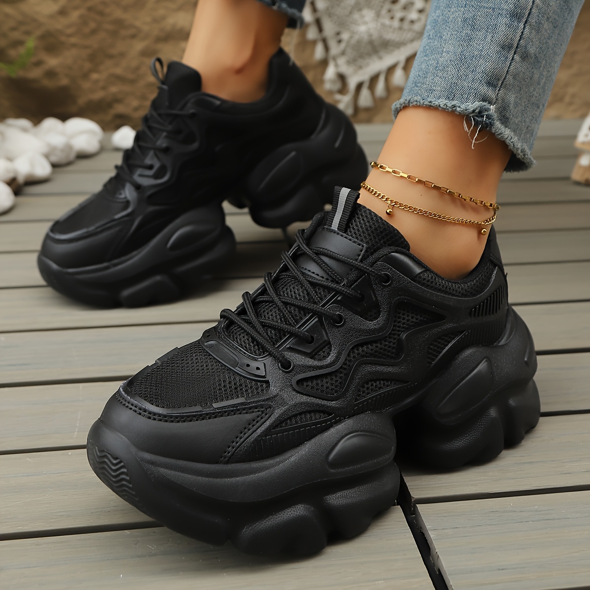 womens breathable mesh chunky sneakers black low top casual Temu