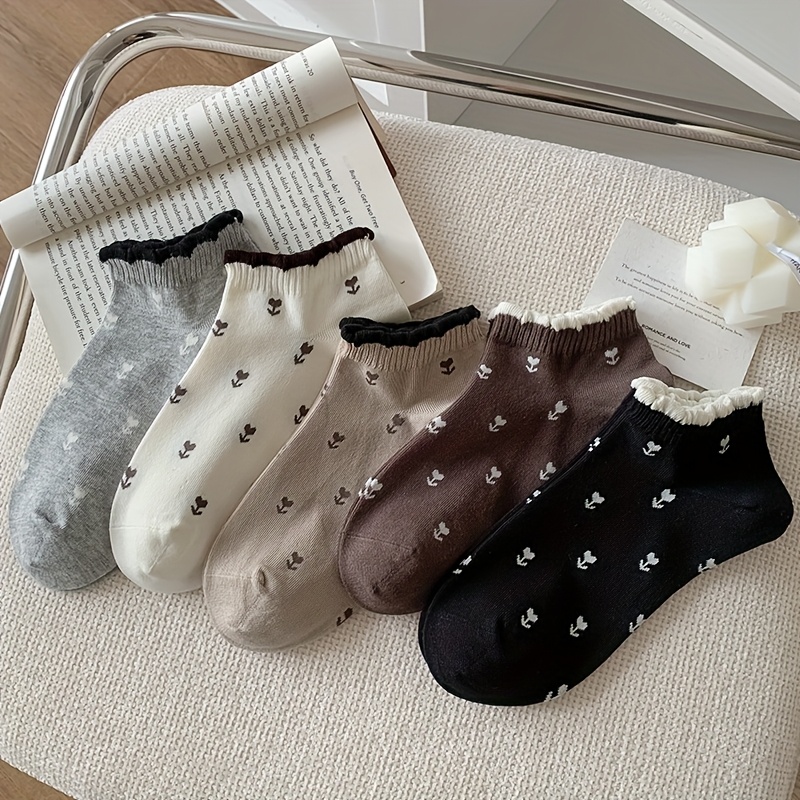 Image of 5 Pairs Of Women's Socks, Retro Floral, Fashionable , Versatile Lace Short Socks, Casual