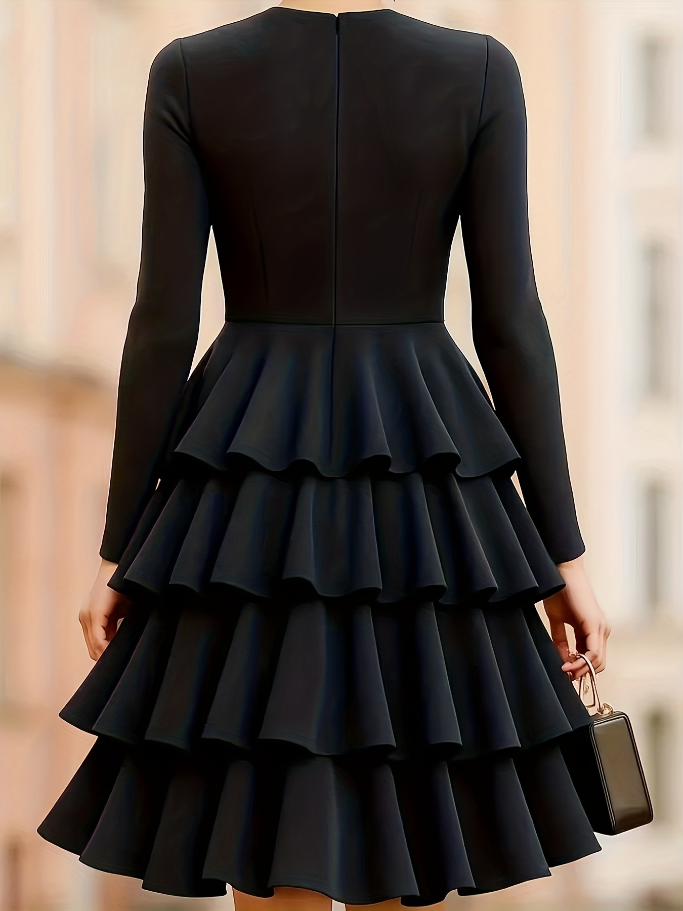 Elegant Women'S A-Line Dress | Plain Black, Layered Hem, Crew Neck, Long  Sleeve, Machine Washable - Knee High or Floor Length *
