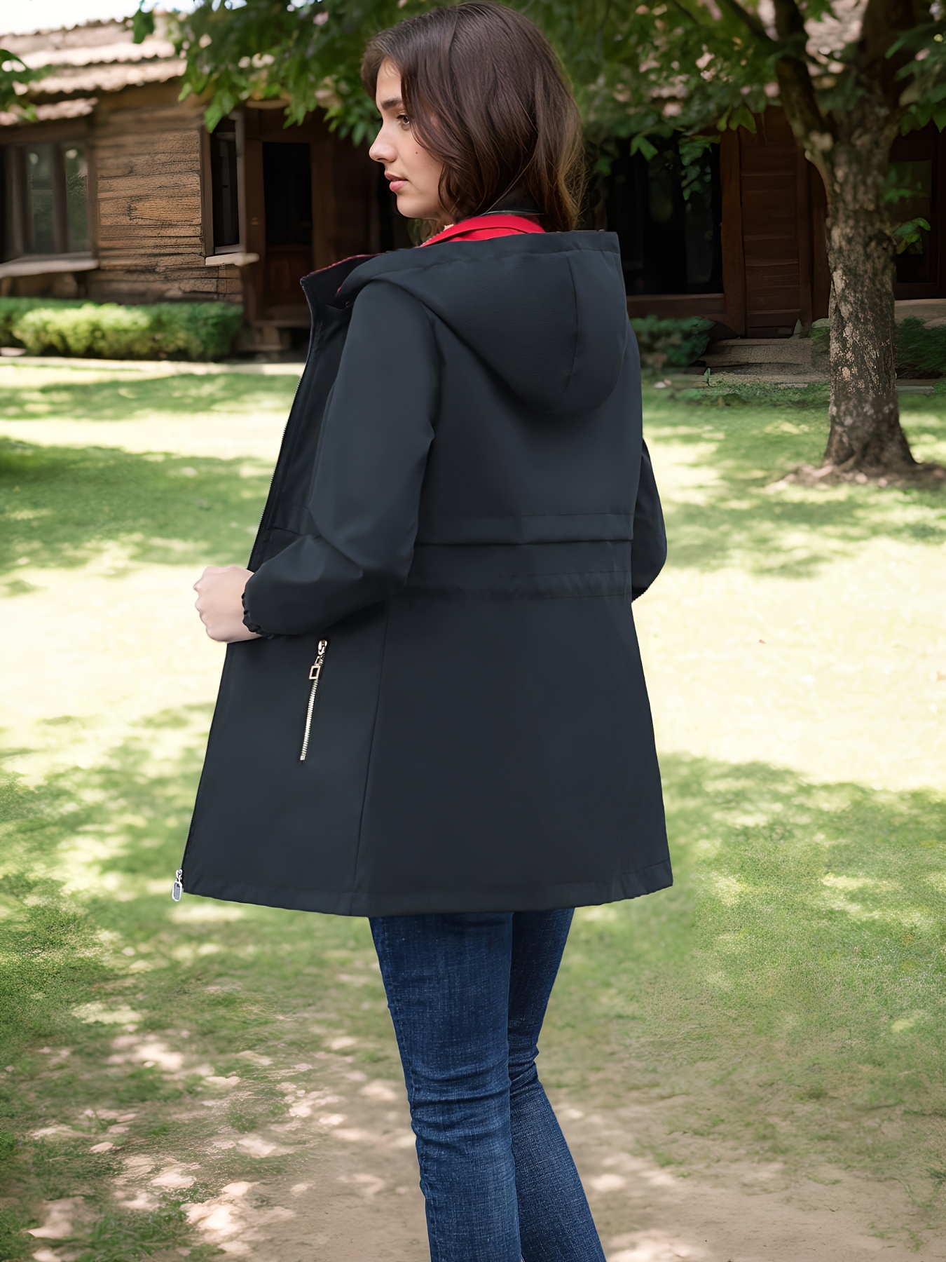 2024 new womens hooded windbreaker jacket   length casual coat with adjustable drawstring waist zipper closure button details solid color for   outdoor wear nonstretch fabric details 11