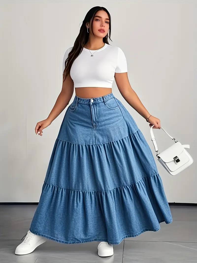 womens plus size high waist denim maxi skirt boho flowy Temu