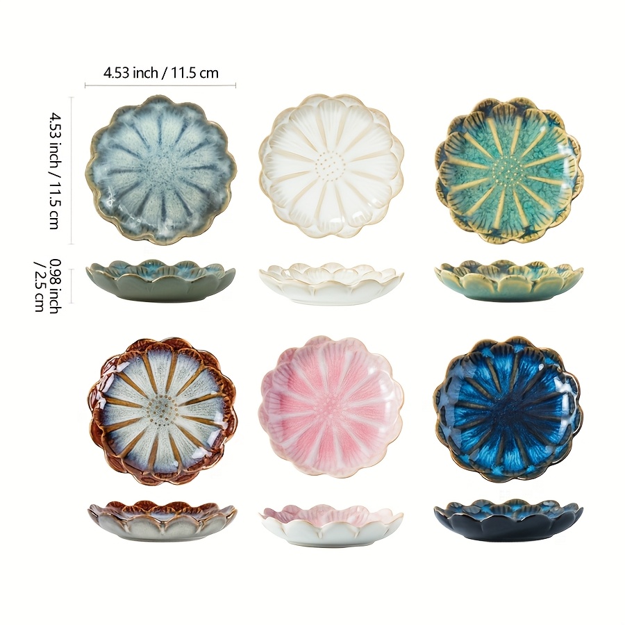 Image of 6pcs Floral Ceramic Plates, Japanese Kiln-transformed Dishes For Appetizers/sauces/dips/appetizer/decorative Platters, Suitable For Home Kitchen/dining Table/festive Gifts