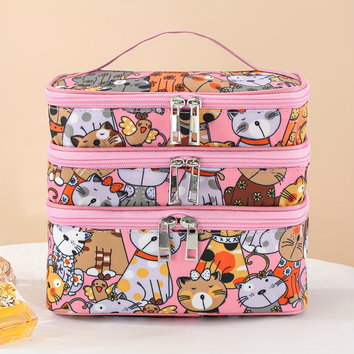 TEMU Large 3-layer Cat Print Cosmetic Bag, Portable -functional Organizer Convenient Handle, Unscented Artificial Makeup