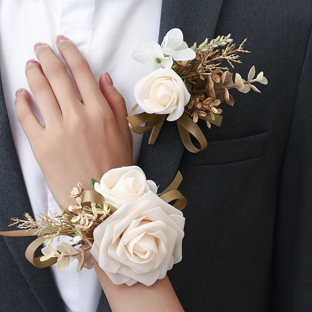 TEMU 2 piezas de rosas color champán con hojas doradas, floreros de solapa y ramilletes de muñeca de estilo vintage, adecuados para el novio, , el