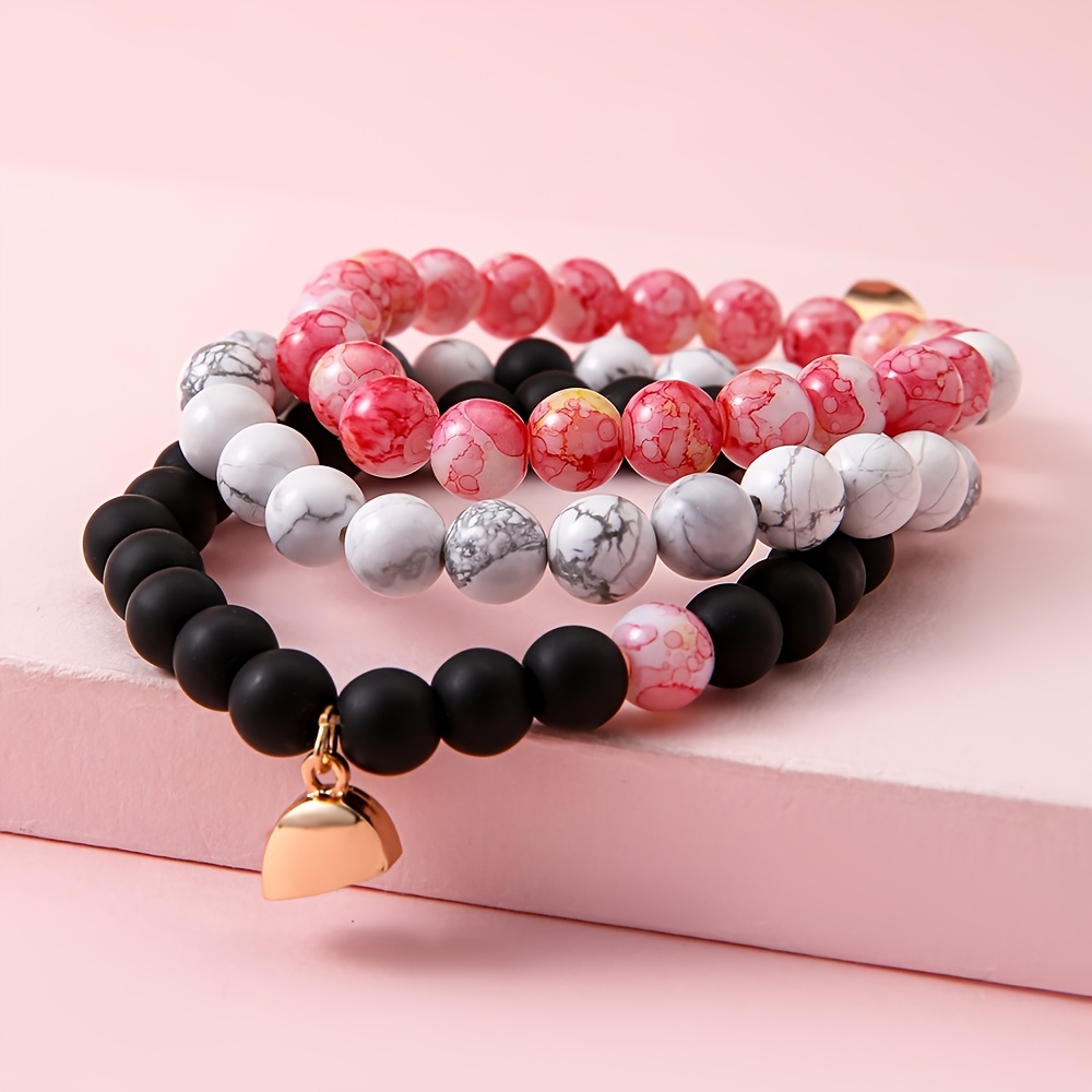 3pcs Stretch Bracelets with Heart Pendant, Colorful Set