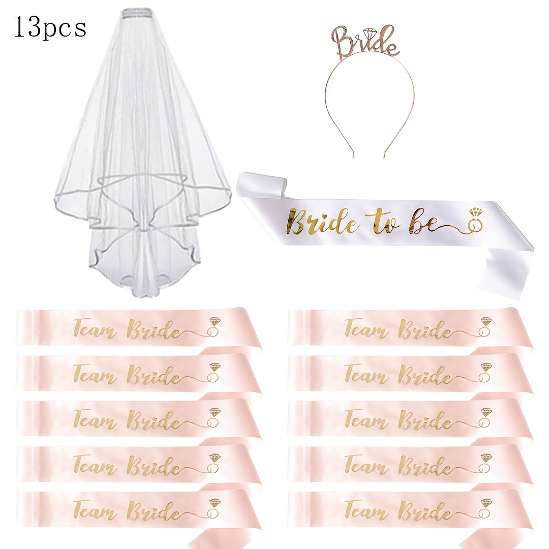 TEMU 1pc To Be Sash And 10pcs Champagne Bridesmaid Team Shoulder Straps 13pcs Set, Suitable For All Weddings, Bachelorette Parties And Photo Shoots