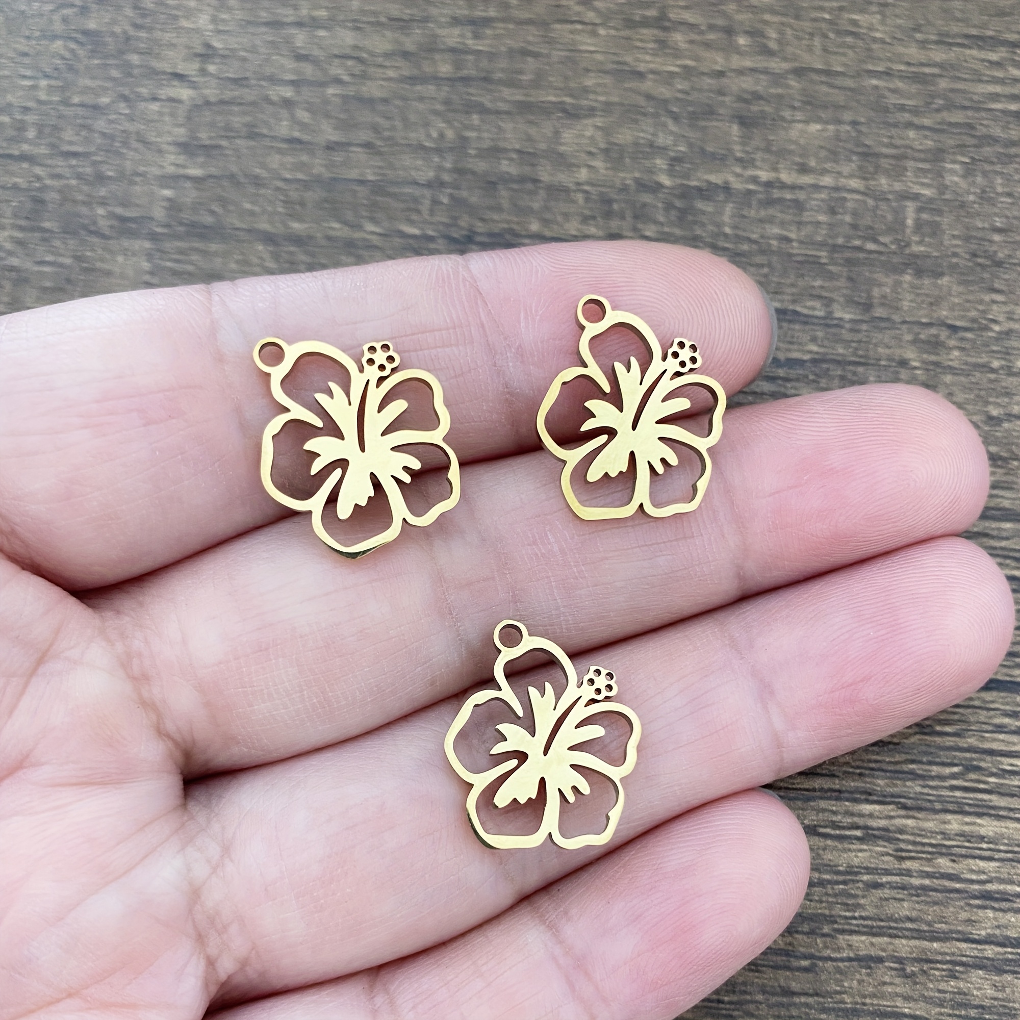 TEMU Set Of 3 304 304 Stainless Steel Pendant Additions Featuring Hollow Flower And Hibiscus Designs, Suitable For Jewelry Making Such As Earrings,