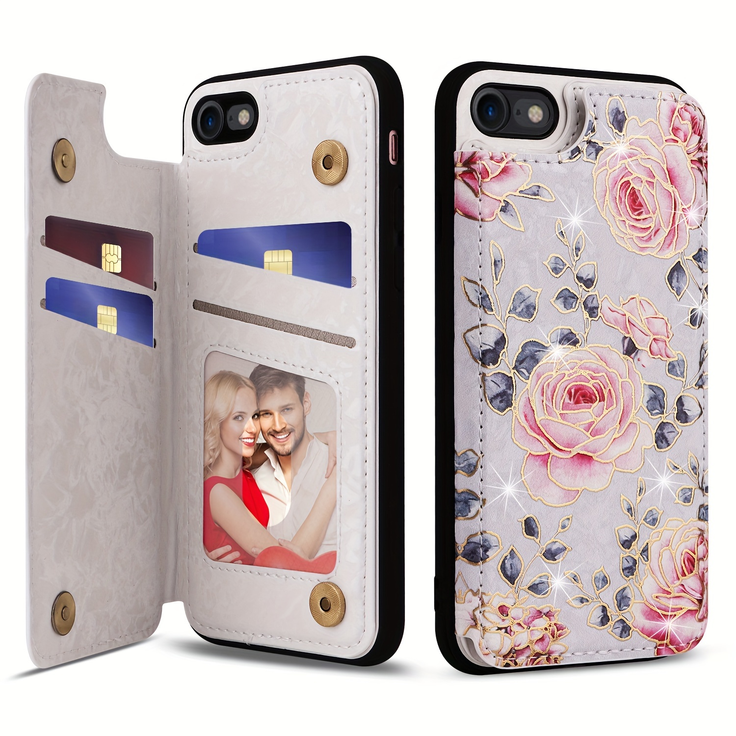 Wallet Case For IPhone 15/14/13/12/11 Pro Max With Card Holders, Faux Leather Cover Kickstand RFID Blocking Double Magnetic Clasp Rilievo Flower Shockproof Flip Case For Women Girls - Image 3