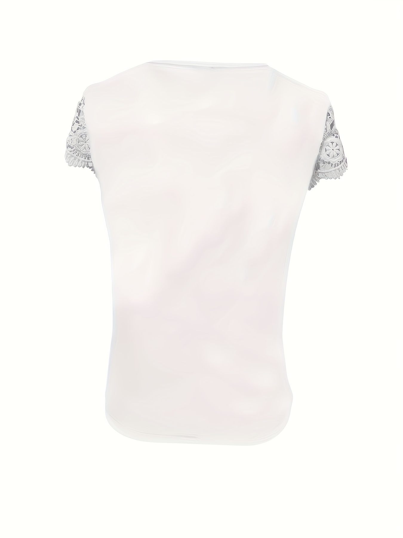 Women'S V-Neck Slim Fit Top with Contrast Lace Sleeves, Casual Solid Color Knit Polyester Blouse, All Season Stretchy Regular Length Shirt