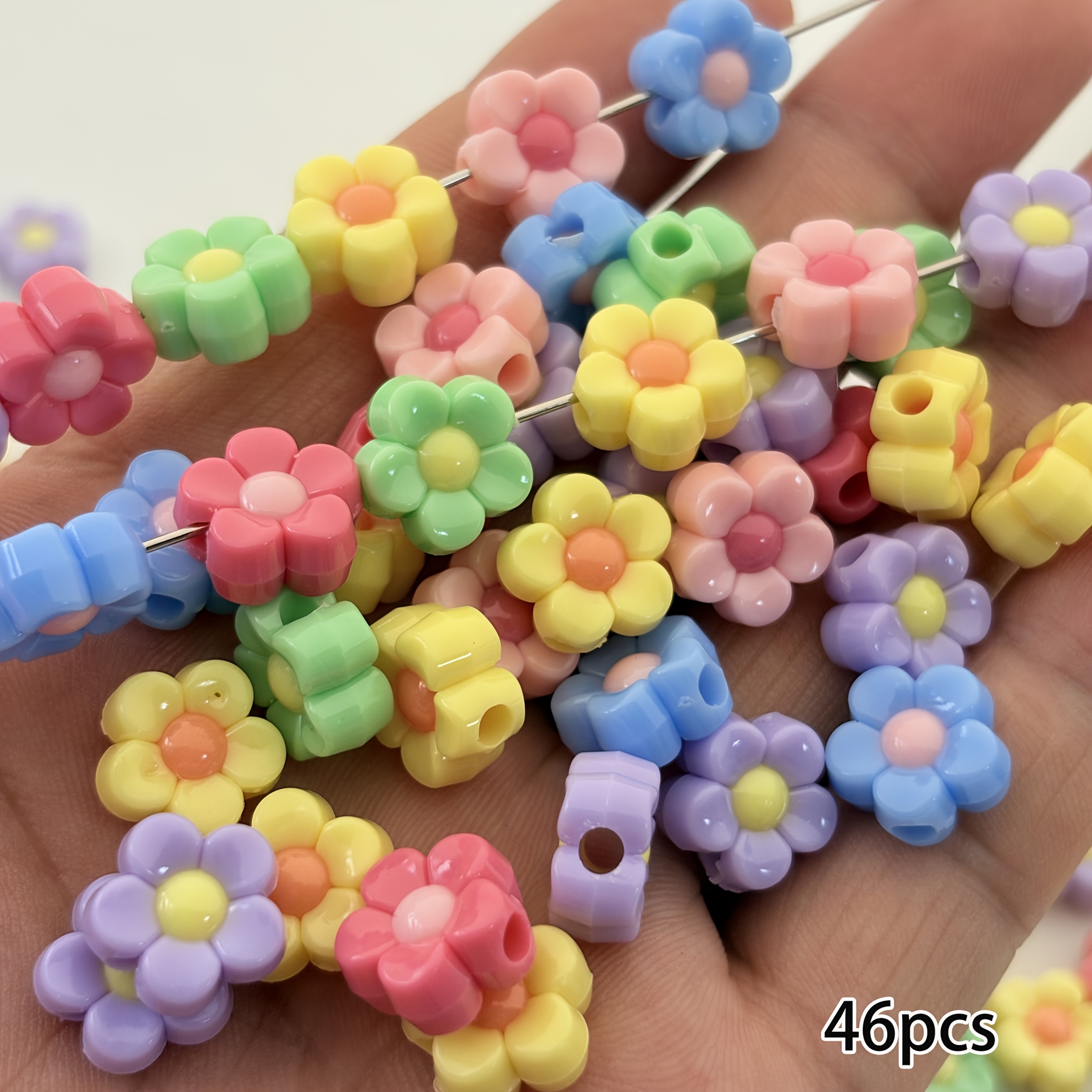 TEMU 46pcs 12mm Acrylic Large Hole Shaped Beads, Flower Beads, Random Mixed Colors, For Jewelry Stringing, Necklaces, Bracelets, Bead Pens And Other