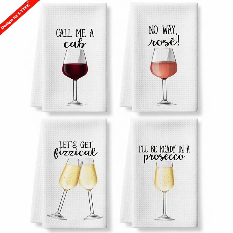 TEMU 4pcs Set Funny Kitchen Towel, Elegant Wine Glass Themed Print, 16x24 Inch Microfiber Dishcloth, Super Absorbent Towels, Perfect For Housewarming