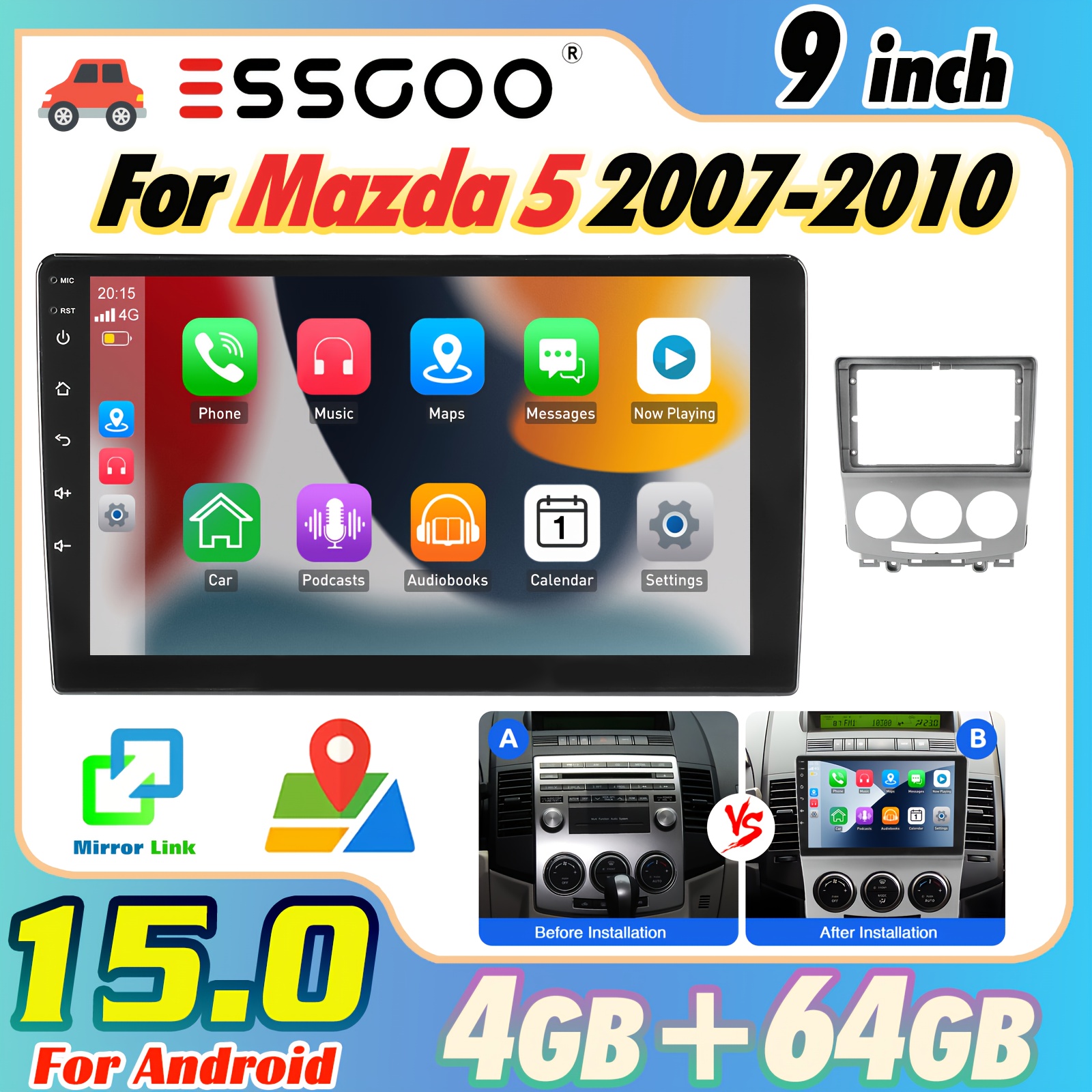 Essgoo 15 Car Stereo Auto Radio For 5 2007-2010 | 4+64gb 9 Inch Ips 1280*720p Screen, 2 Din Multimedia Player, Auto & , Supports Gps, Wifi, Fm/rds Swc, Includes Frame, Car Additions