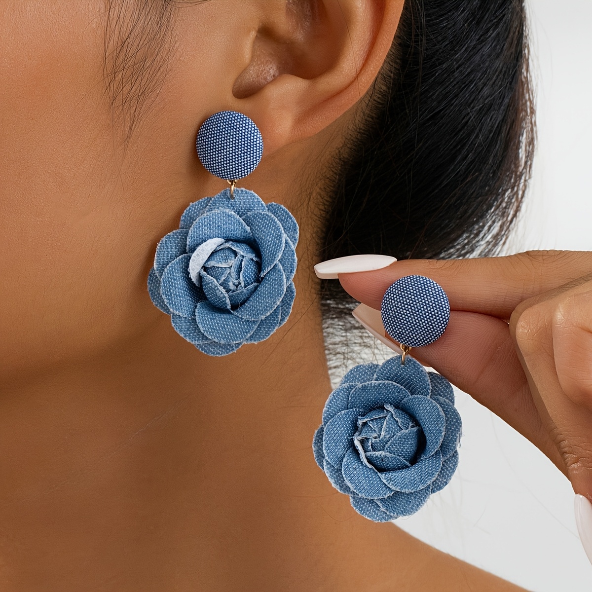 

1 Pair Of Chic Floral Earrings - Elegant Blue Fabric Design With Stainless Steel Posts, Or Gifting, Bohemian Style, Quirky Earrings