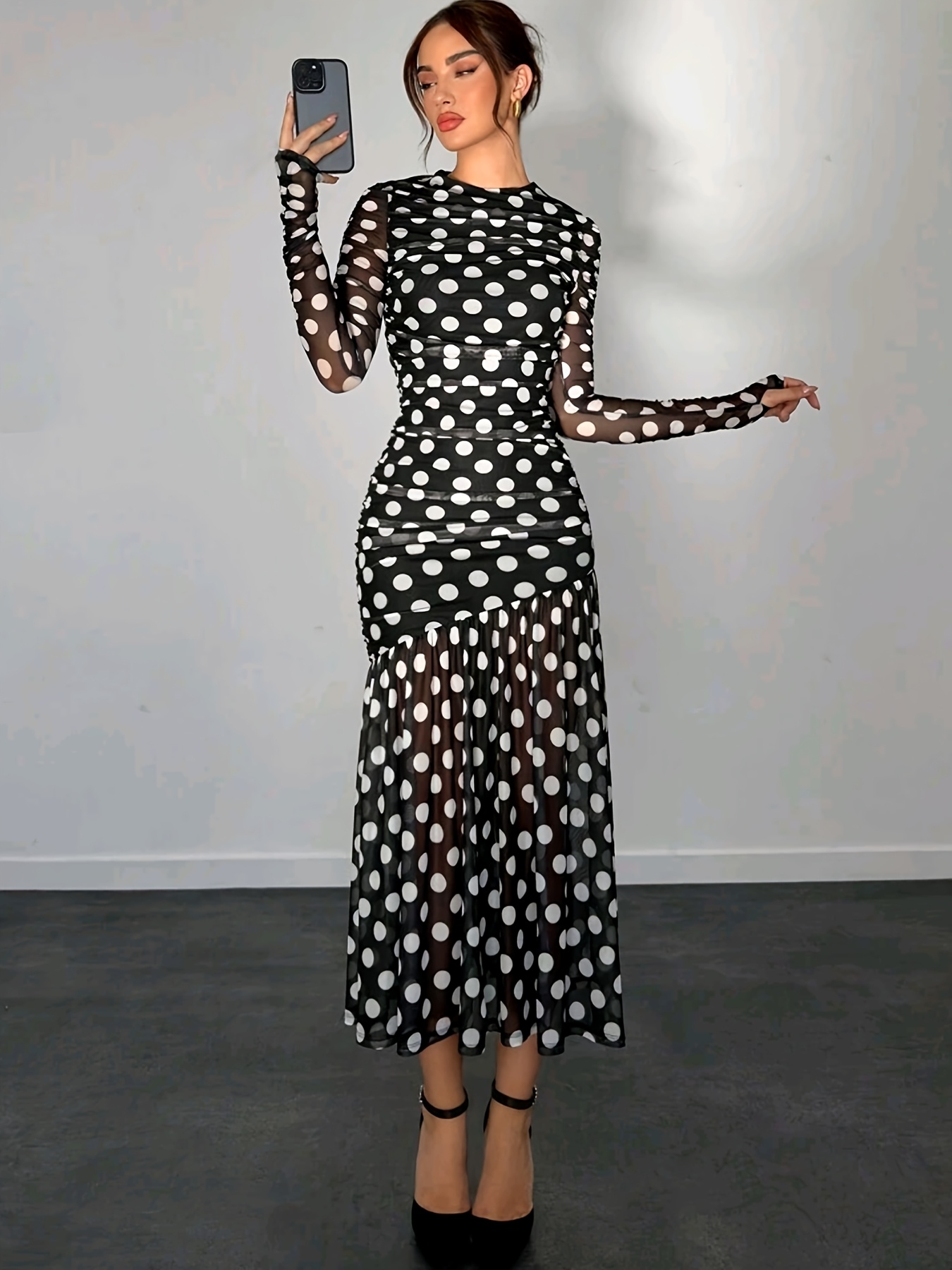 women's elegant black a line dress sheer mesh sleeves starry