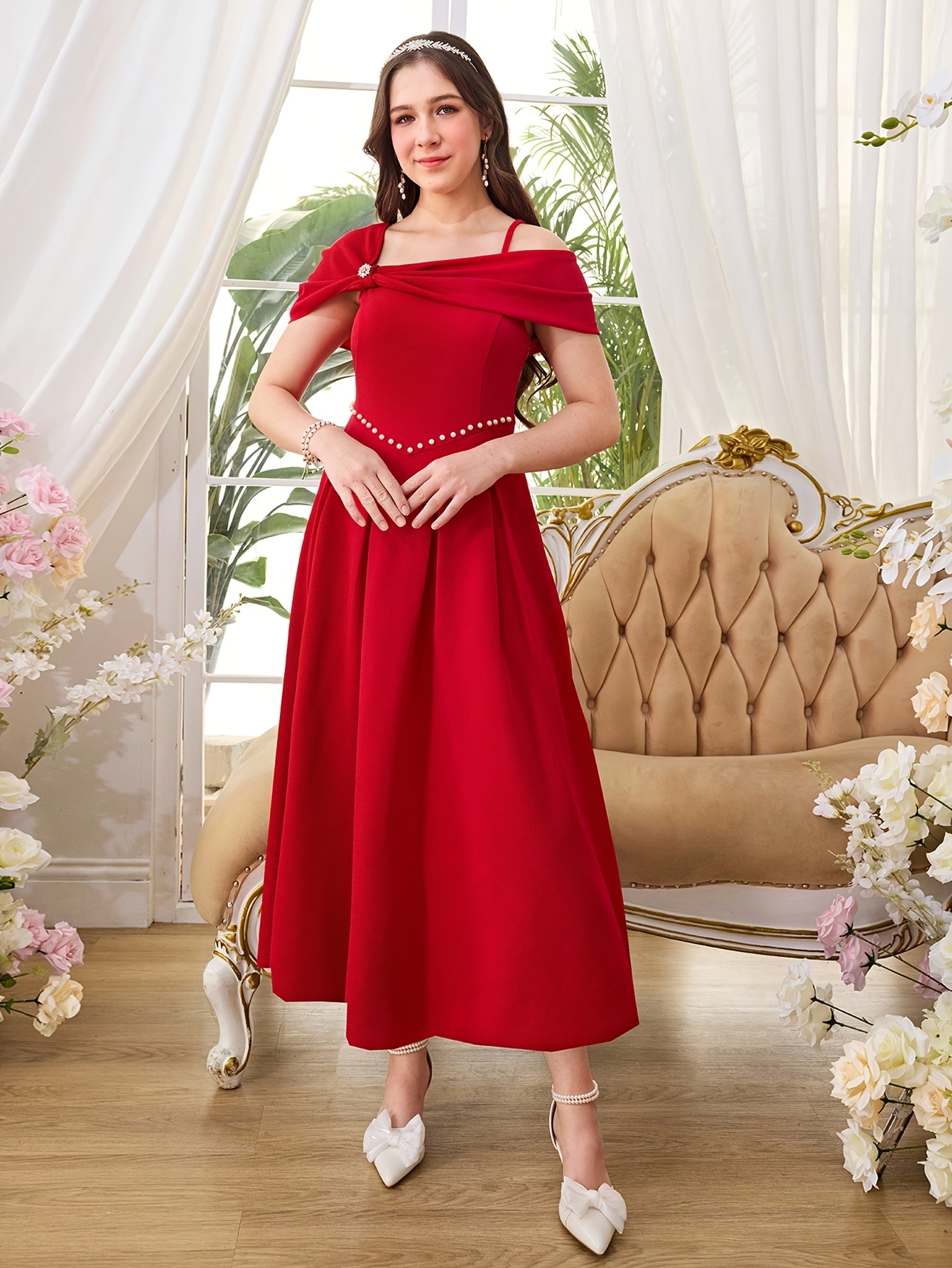 midi dress teenager girls elegant red asymmetrical neckline midi dress easter