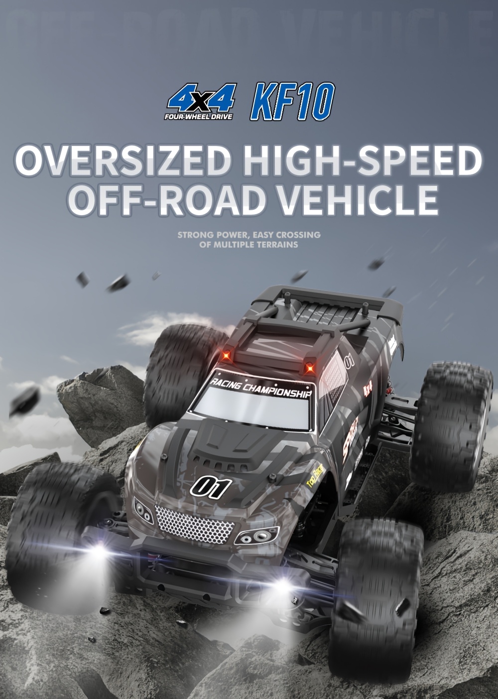 FUUY KF10 1:10 RC Off-Road Vehicle with 4x4 Four-Wheel Drive, High-Speed 2.4GHz Wireless, USB Rechargeable & 2 Lithium Batteries - Durable Plastic Remote Control Car for Outdoor Racing, Mud Terrain, Rock Climbing, RC Car, Mud Terrain Vehicle, Sleek Vehicle Design, Sturdy Construction