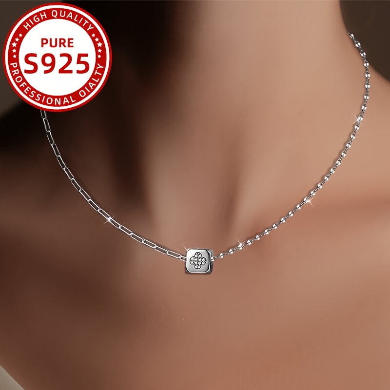 Women's Pendant Necklace Square Four Leaf Clover Charm 925 Sterling Silver