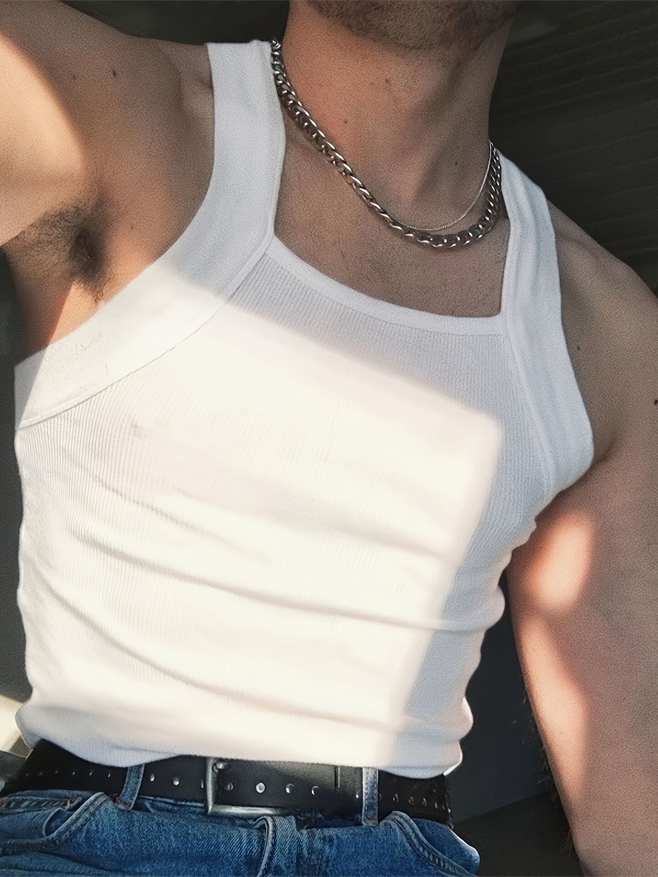 Valentine'S Day Gift, Men'S Casual, Casual Sports Men'S Slim Fit Square Collar Vest - Sleeveless Summer Street Party Top, Breathable Fabric, Machine Washable, Solid Color Casual Top