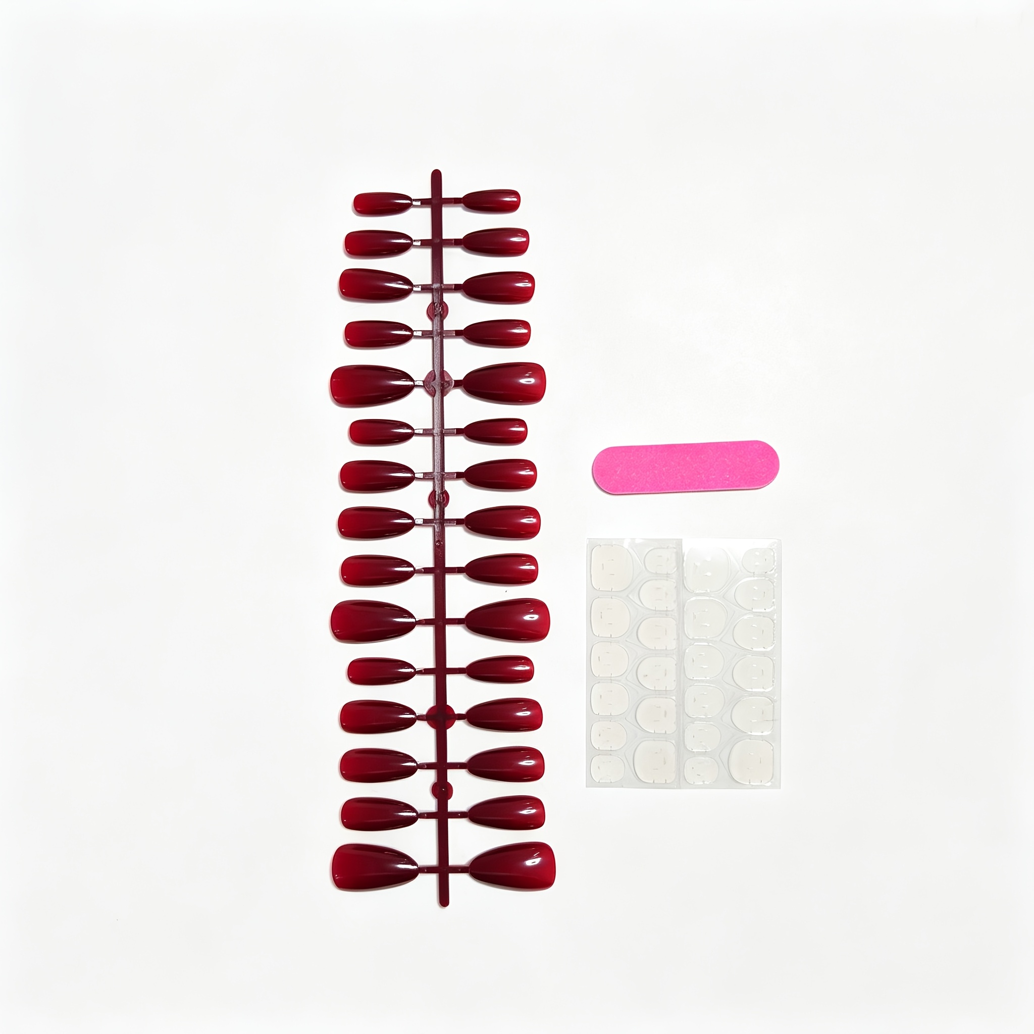 TEMU 32pcs Set: 30 Wearable Press-on Nails + 1 Jelly Glue Sheet + 1 Nail File. Wine Red Teardrop-shaped Solid Color Glossy Press-on Nails, Easy To