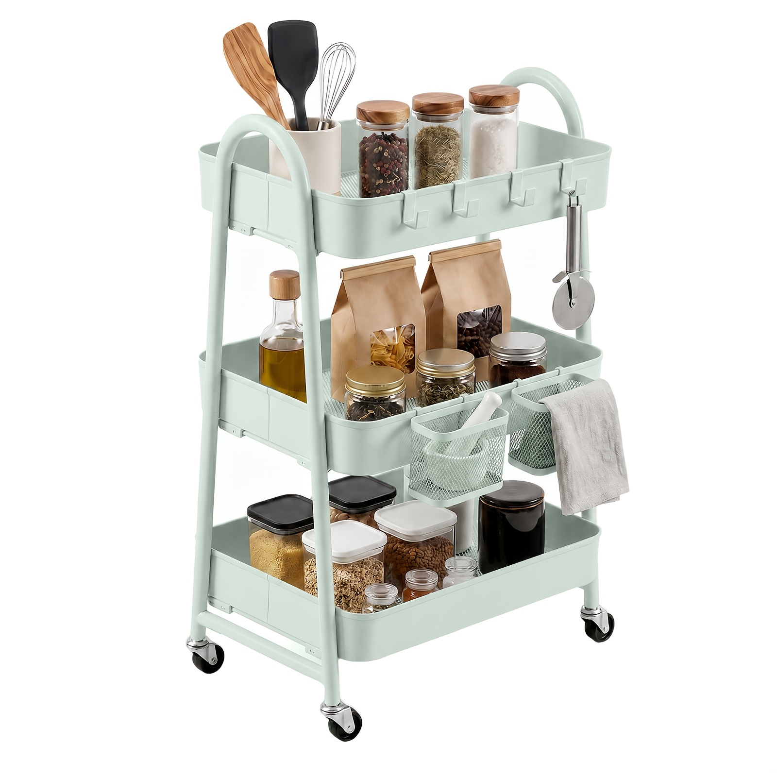 Sekey Trolley, Kitchen Trolley With 3 Tiers, 30cm Wide Serving Trolley With Wheels Metal, 2 Baskets & 4 Hooks, For Kitchen, Bathroom, Office, Living Room, Bedroom