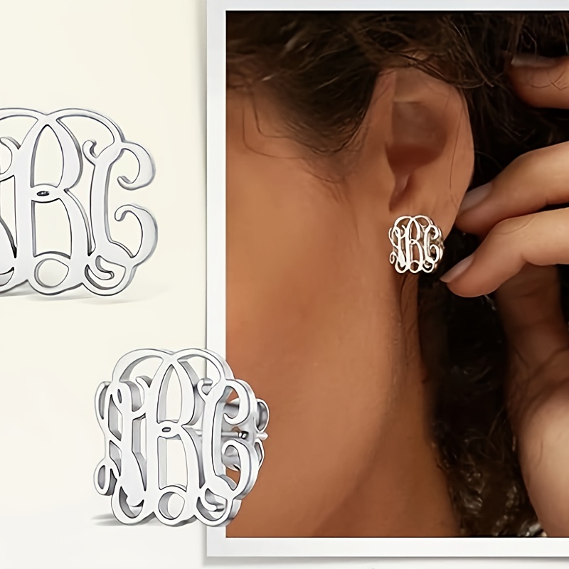 

Elegant Monogram Stud Earrings, Customizable Name Design, Vintage-inspired Stainless Steel Fashion Jewelry For Daily And Vacation Wear, No Plating - Personalized Chic Accessory For All