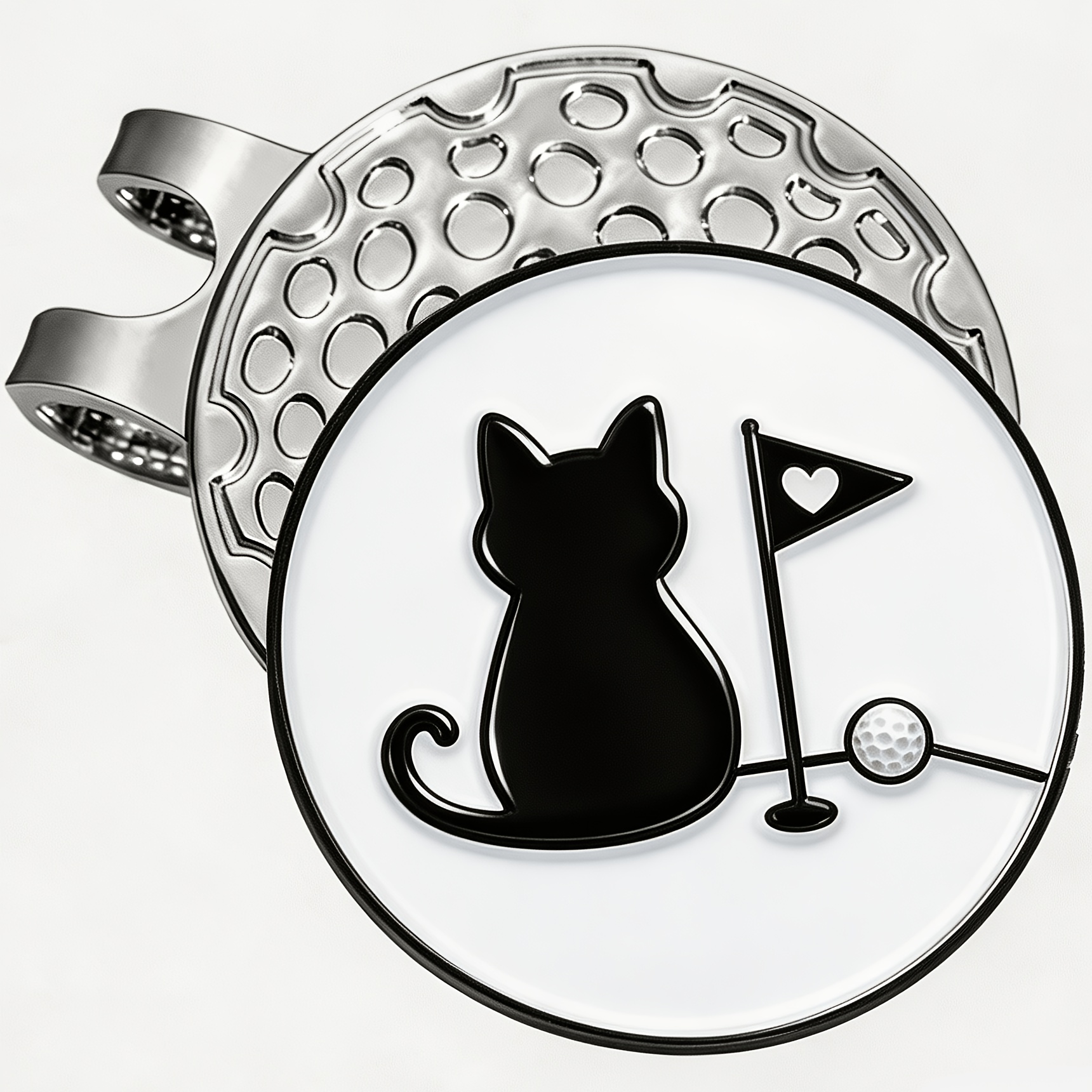 TEMU Cute Black Cat Golf Ball Marker With Silvery Magnetic Hat Clip - Elegant Monochrome & Golf Flag Pin Design - Premium Metal Golf Accessory -