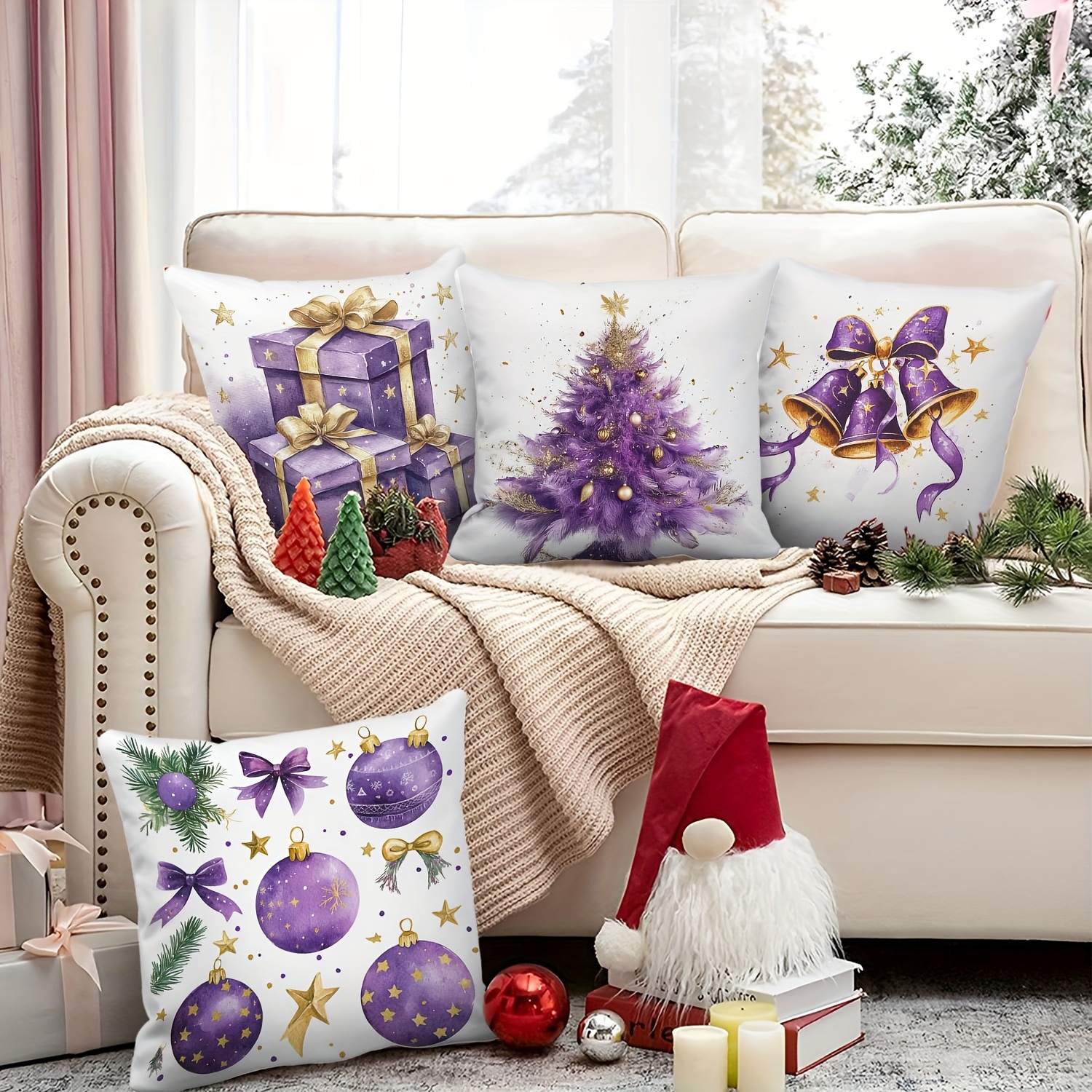 

4pcs Set Purple Christmas - , & Bow , 18x18 - Zip , - For Sofa, Bed & (inserts Not Included)