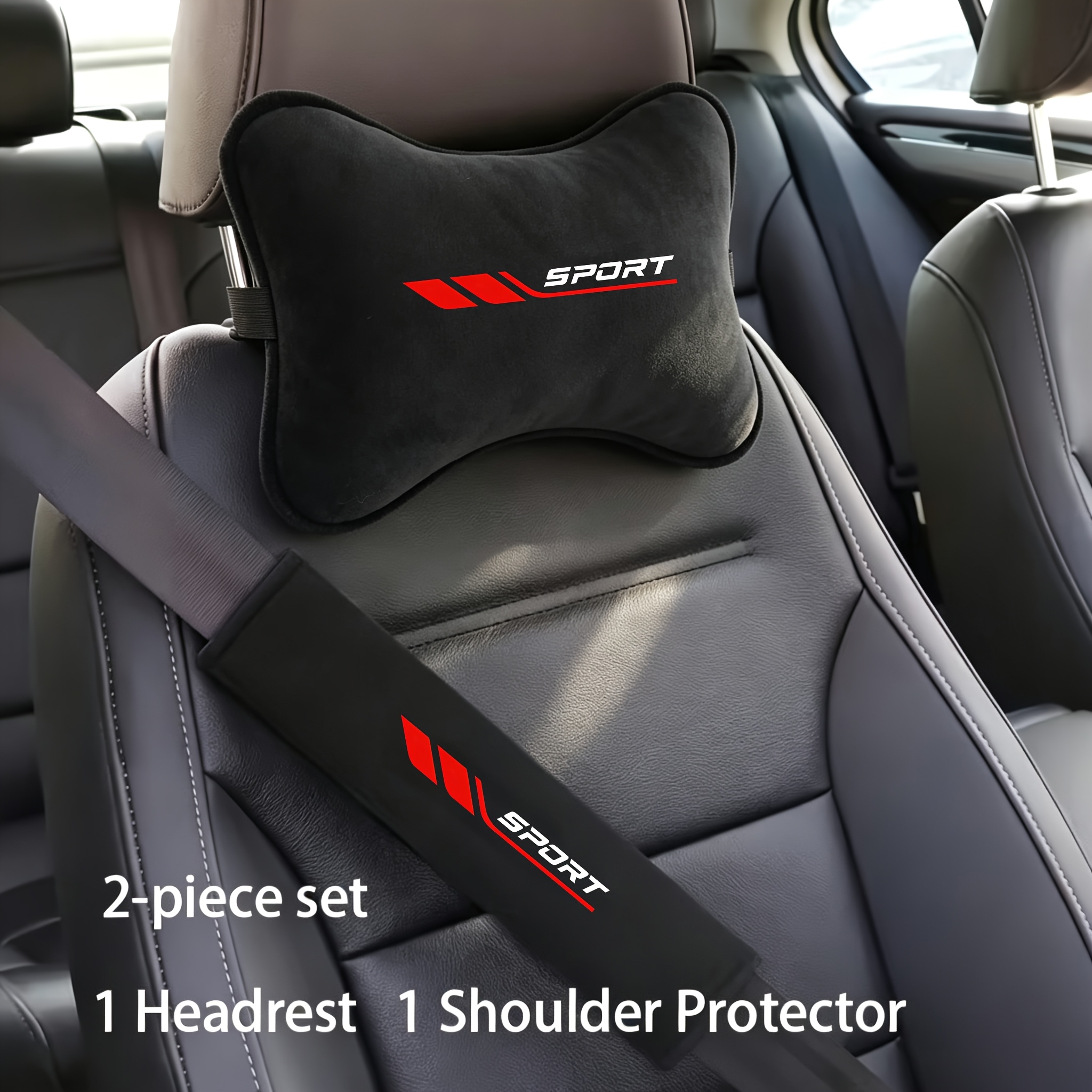 TEMU Juego de reposacabezas y soporte de para coche a rayas SPORT (2 piezas) - Incluye 1 reposacabezas y 1 soporte de . Cuenta con una superficie de