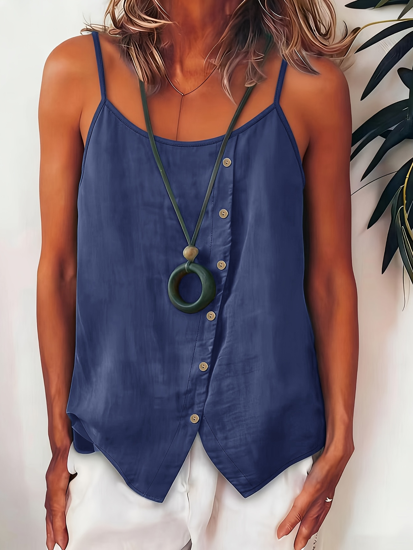 fashion womens summer adjustable thin strap cami top asymmetrical curved hem matte button   blouse