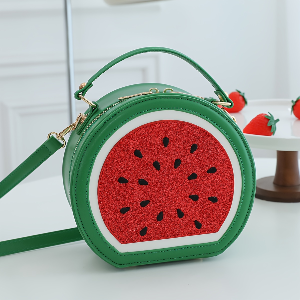 Image of Women' Pu Handbag & Crossbody Bag With Watermelon-shaped Watermelon , Adjustable Strap & Sequins - Purse Suitable For Parties, Everyday Use