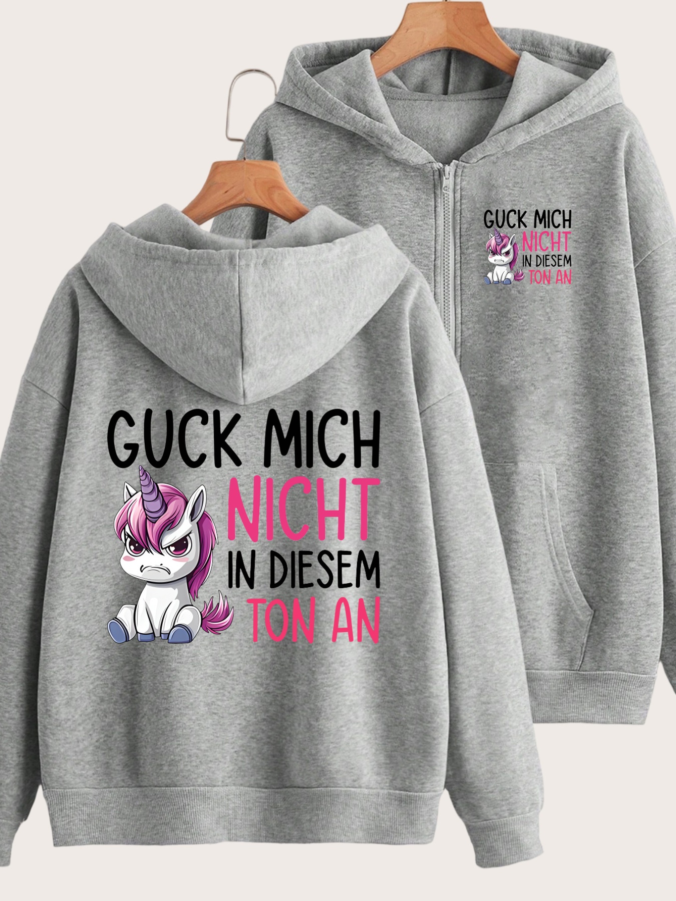cartoon unicorn pattern with text   mich nicht in diesem ton an front and back 2 pattern print y2k   zipper hoodie stylish and comfortable zipper jacket casual sportswear casual sportswear fashion casual jacket suitable for all s