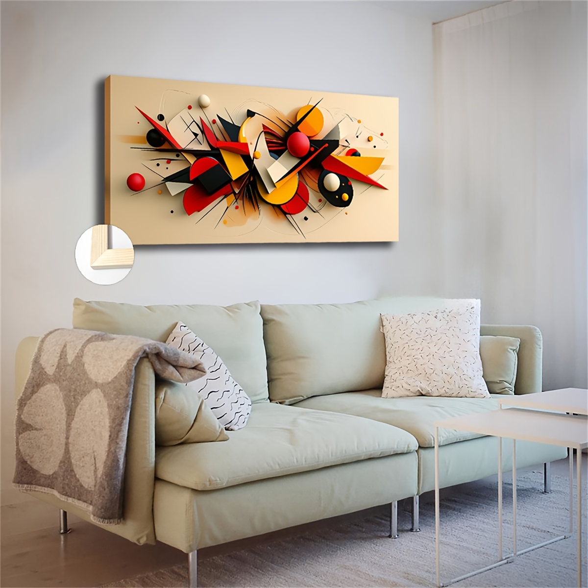 TEMU Large Modern Minimalist Watercolor Wall Art - 50x100cm/20x40in Framed Canvas Print With Beige Background & Geometric Shapes, Vibrant Ink Artwork